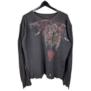 Mens Y2K Monarchy Grunge Waffle Knit Distressed Long Sleeve Shirt Size 2XL